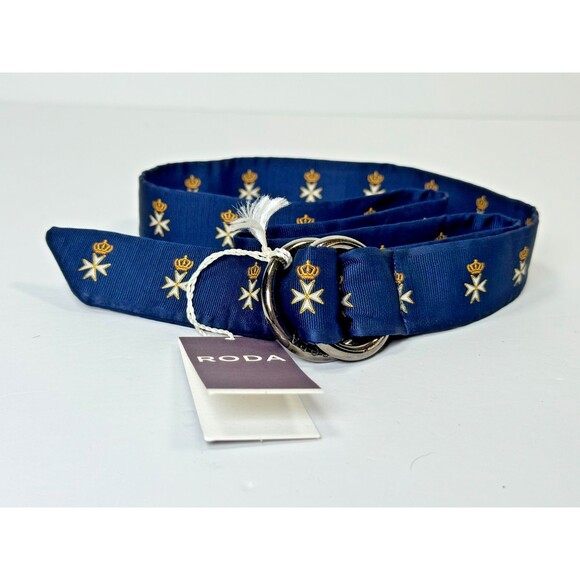 RODA Ribbon Belt Men Unisex Medium Navy Blue Maltese Cross D Ring Preppy Classic - Picture 1 of 9